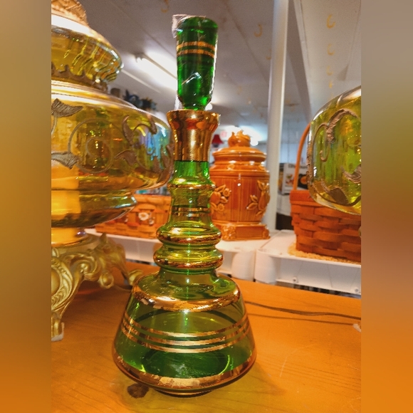 Vintage Green Gold Bohemian Liquor Decanter - Picture 3 of 5